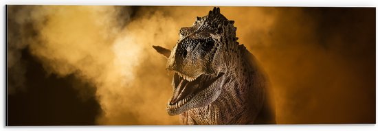 Dibond - Angstaanjagend T-rex Dinosaurs vanuit Oranje Mist - 60x20 cm Foto op Aluminium (Wanddecoratie van metaal)