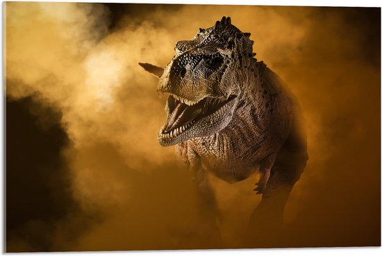 Acrylglas - Angstaanjagend T-rex Dinosaurs vanuit Oranje Mist - 75x50 cm Foto op Acrylglas (Wanddecoratie op Acrylaat)