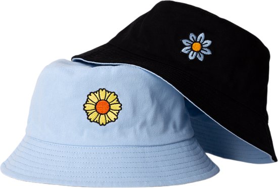 Reversible bucket hat - mybuckethat - fleurige bloemetjes - blauw/zwart - vissershoedje - katoen - geborduurd