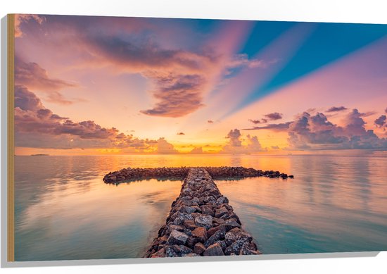 Hout - Kleurrijke Zonsondergang bij het Water met Stenen - 105x70 cm - 9 mm dik - Foto op Hout (Met Ophangsysteem)