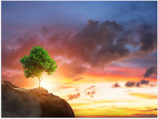Poster Glanzend – Fel Groen Gekleurde Boom met Prachtige Zonsondergang op een Berglandschap - 100x75 cm Foto op Posterpapier met Glanzende Afwerking