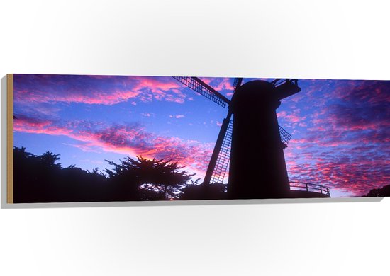 WallClassics - Hout - Silhouet van Grote Molen onder Donkere Zonsondergang - 120x40 cm - 9 mm dik - Foto op Hout (Met Ophangsysteem)