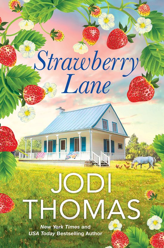 Boekomslag 'Strawberry Lane' met een huisje omringd door aardbeien, bloemen en groen. Titel en auteursnaam in de voorgrond.