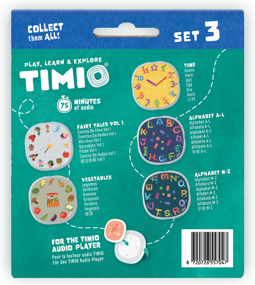 TIMIO Disk Set # 3: 5 Audio-Discs voor de TIMIO Player | Leer 12 Sprookjes Vol. 1, de Tijd, Groenten, Alfabet A-L, Alfabet M-Z | Alles in 8 Talen | Leerspeelgoed van 2 - 6 Jaar — afbeelding 3