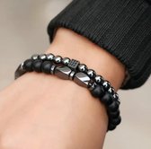Leerella Kralen Armband - Zwart met Zilver Kleurig Kralen - Kralen Armband Heren en Dames - Kralen Armband Mannen - Verjaardag - Valentijnsdag