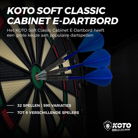 KOTO Classic Elektronisch Dartbord, Dartkabinet met 6 Softtip Darts, DartSet voor 1-8 spelers, 32 spellen en meer dan 590 variaties, E-Dartbord met accessoires. van KOTO — afbeelding 2