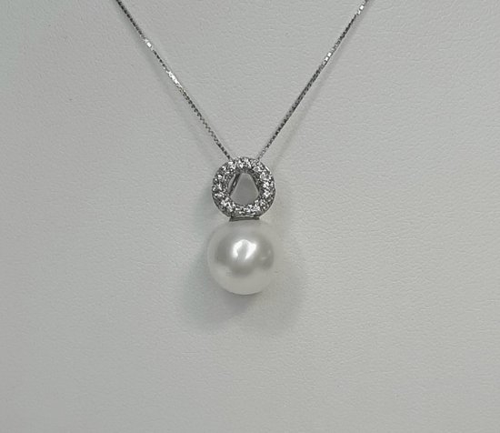 Witgouden hanger - 14 karaat - diamant - cultivé parel - uitverkoop Juwelier Verlinden St. Hubert - van €785,= voor €665,=