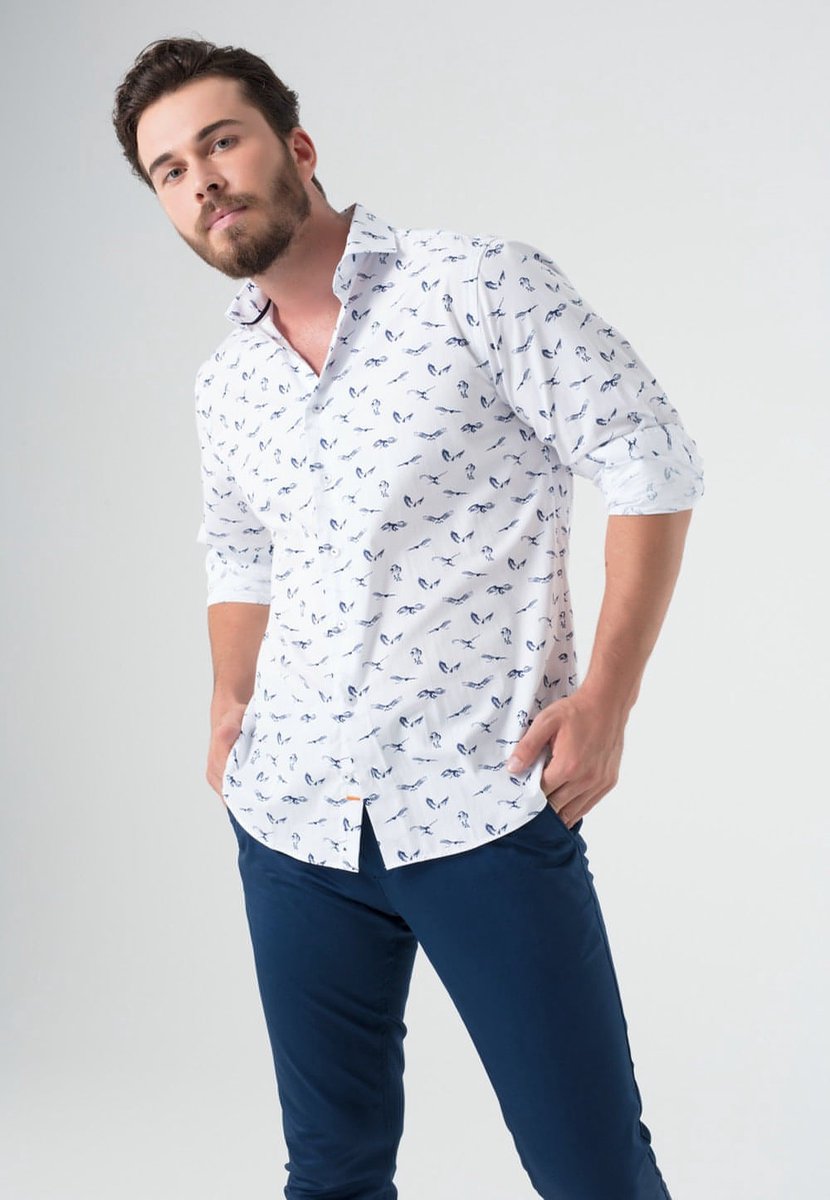 Web Blouse Overhemd Heren Winston Slim Fit Print Wit met Blauw 39 bol