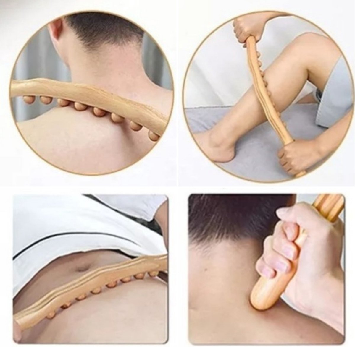 Afbeelding 3 van Massage - massage apparaat - voor rug, nek, schouder, buik, taille, armen, benen, etc. - massage stok hout - gua sha massage tool - houten massage stok - 8 massage ballen - 1 stuk - bruin hout