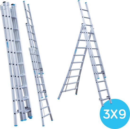 Eurostairs 3-delige Uitgebogen Reformladder - 3x9 Sporten