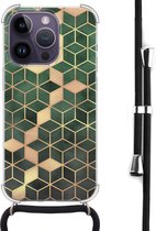 Hoesje met koord - Geschikt voor iPhone 14 Pro Max - Groen kubus - Verstelbaar zwart koord - Transparant, Groen - Print / Illustratie - Leuke Telefoonhoesjes