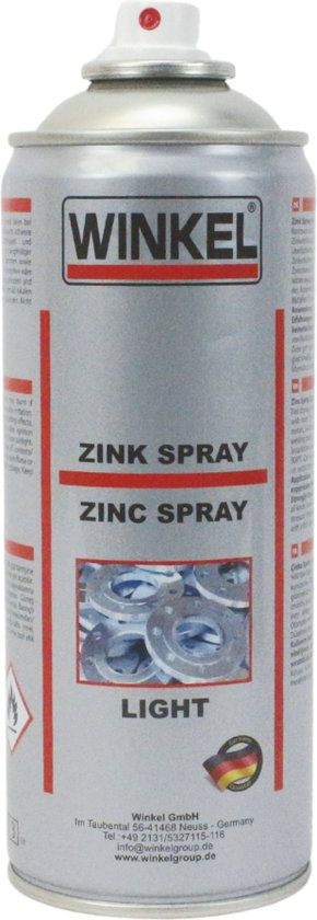Winkel Zink Spray Light spuitbus met rode en grijze accenten. Bevat tekst en afbeelding van ringen.