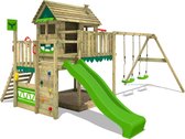 FATMOOSE Speeltoren MightyMansion - Speeltoestel met schommel, huisje, klimwand en groene glijbaan