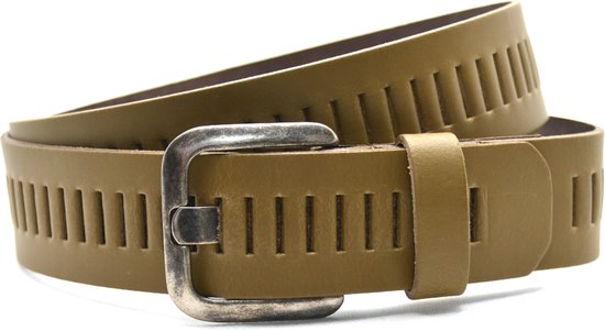 Timbelt Leren Geperforeerde Riem voor Dames en Heren - Breedte 4 cm - Sleufjes Riem Echt Leer - army groen - Riemmaat 115 - Totale lengte 130 cm