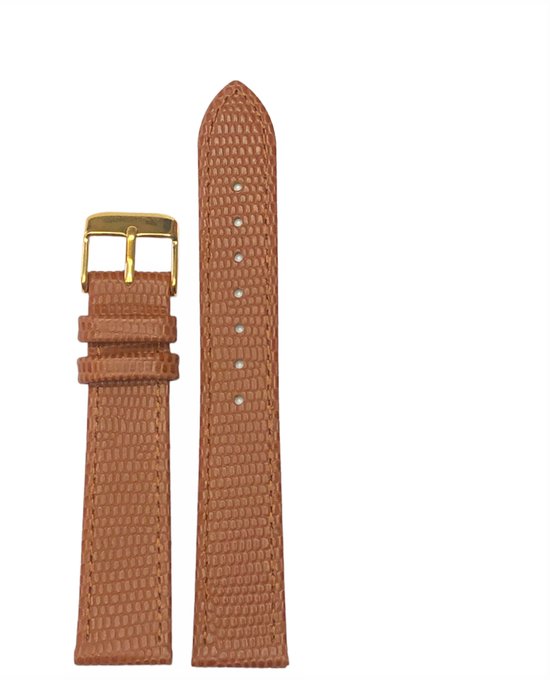 horlogeband-horlogebandje-14mm-echt leer-croco-lizardprint-lichtbruin-zacht-plat-goudkleurige gesp-leer-14 mm