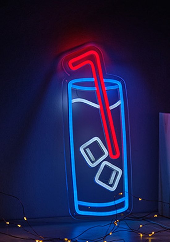 OHNO Neon Verlichting Drink with Ice Cubes and Straw - Neon Lamp - Wandlamp - Decoratie - Led - Verlichting - Lamp - Nachtlampje - Mancave - Neon Party - Wandecoratie woonkamer - Wandlamp binnen - Lampen - Neon - Led Verlichting - Blauw, Oranje