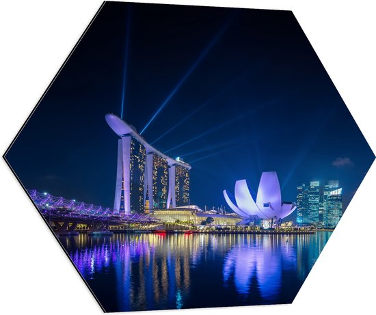 Dibond Hexagon - Gebouwen in de Avond in Singapore - 80x69.6 cm Foto op Hexagon (Met Ophangsysteem)