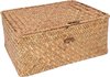 Boîte de rangement en rotin marron de 29x19x12cm avec couvercle et fermeture à bouton en bois.