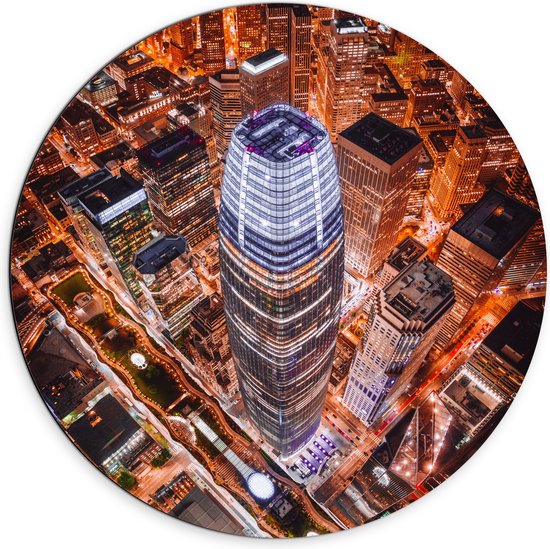 WallClassics - Dibond Muurcirkel - De Salesforce Tower vanaf boven - 70x70 cm Foto op Aluminium Muurcirkel (met ophangsysteem)
