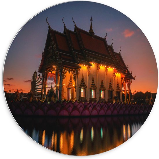 WallClassics - PVC Schuimplaat Muurcirkel - Boeddhistische Tempel in Thailand - Wat Pa Lahan Sai - 70x70 cm Foto op Muurcirkel (met ophangsysteem)