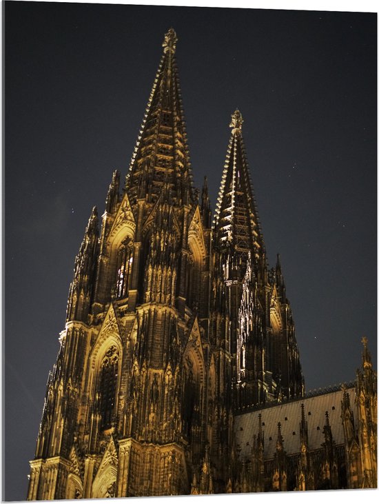 WallClassics - Acrylglas - Dom van Keulen - Kerk in de Nacht - 75x100 cm Foto op Acrylglas (Met Ophangsysteem)
