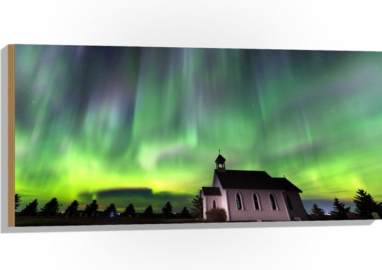 Hout - Noorderlicht boven Kleine Woning in Canada - 100x50 cm - 9 mm dik - Foto op Hout (Met Ophangsysteem)