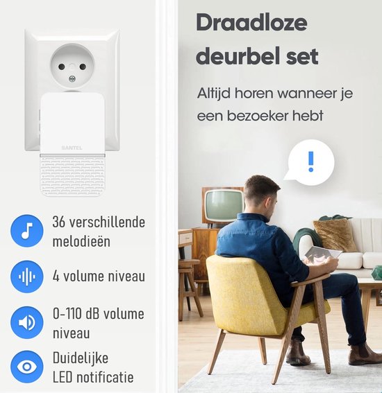 Santel TS04 - Draadloze Deurbel Set - Ontvanger op stroom - Bereik 300 meter - IP44 Waterdicht - 36 Melodieën - Wit — afbeelding 5