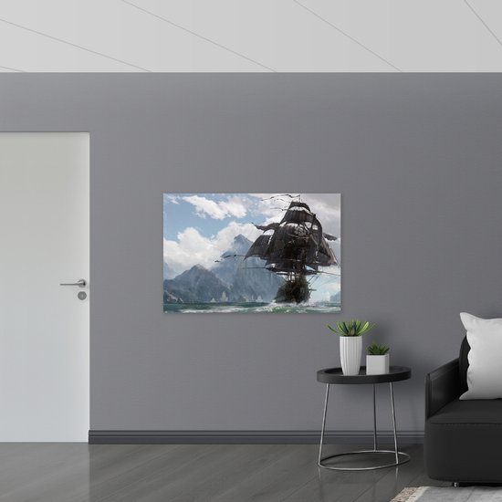 WallClassics - Toile - Montagnes avec bateau pirate - 120x80 cm Photo sur toile (Décoration murale sur toile)