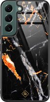 Casimoda® hoesje - Geschikt voor Samsung Galaxy S22+ - Marmer Zwart Oranje - Luxe Hard Case Zwart - Backcover telefoonhoesje - Zwart
