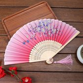 Luxe Bamboe Waaier – Roze Bloemen nr02 – Handwaaier tegen Warmte, Benauwdheid en Oververhitting – Festivalwaaier