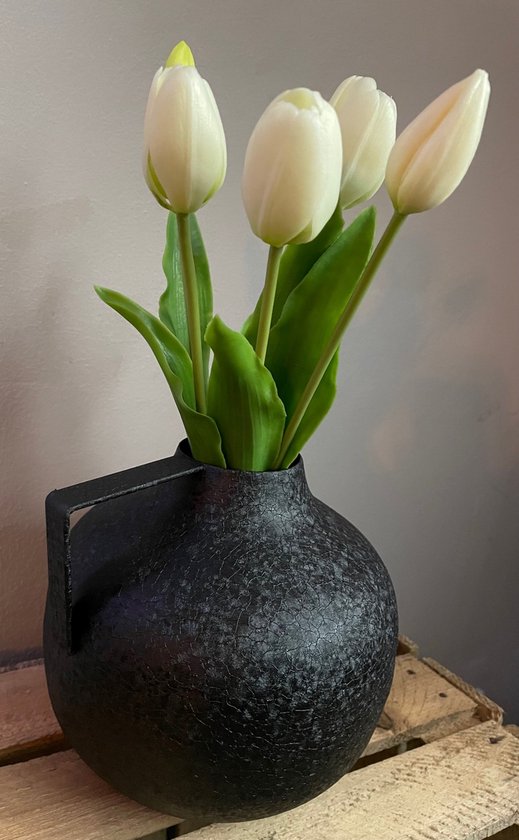 Vaas - Zwart - 20x20x19 cm - Vaas - Vazen - Bloemvaas - Bloemenvaas - Stoere vaas met handvat - Trendy - Voorjaar