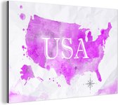 Wanddecoratie Metaal - Aluminium Schilderij Industrieel - Wereldkaart - Roze - Verenigde Staten - 180x120 cm - Dibond - Foto op aluminium - Industriële muurdecoratie - Voor de woonkamer/slaapkamer