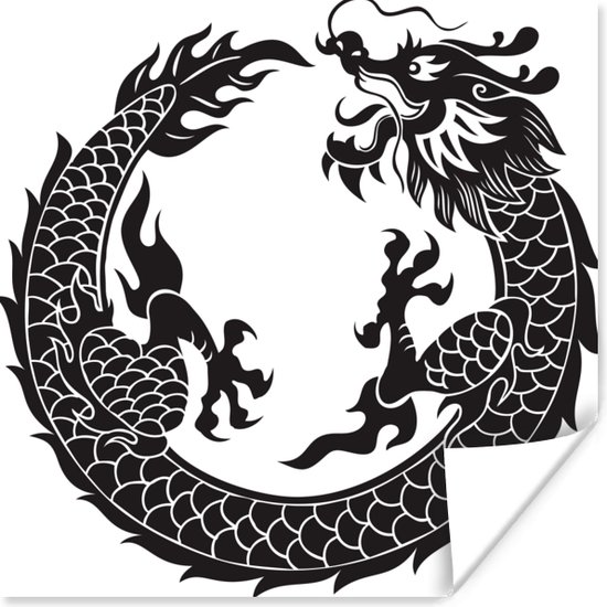 Poster Zwart-wit illustratie van een Chinese draak - 50x50 cm