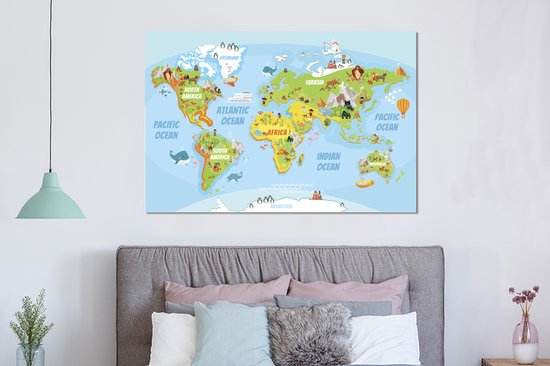 Décoration murale Métal - Peinture Aluminium - Wereldkaart - Enfants - Animaux - 150x100 cm