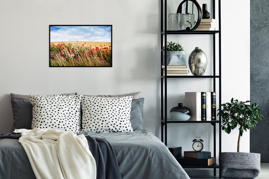 Photo encadrée - Champ de fleurs sous le ciel bleu cadre photo noir sans passe partout 60x40 cm - Affiche encadrée (Décoration murale salon / chambre)