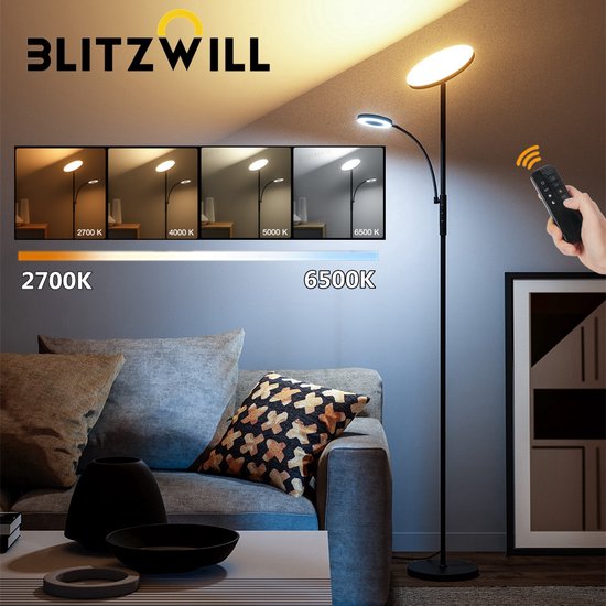 Lampadaire LED Moderne Avec Tablette Intégrée - 36W + 7W, Dimmable, Télécommande, Tête Rotative 350° - Noir Pour Salon