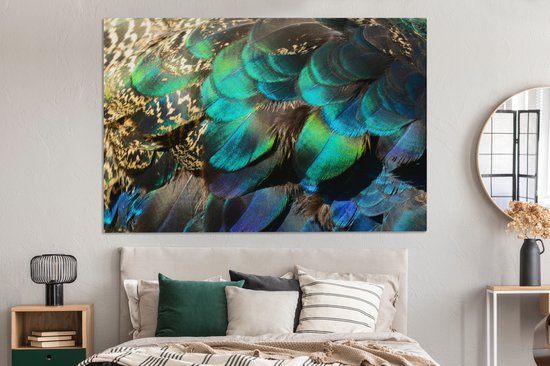 Peinture sur Toile Ressorts - Plumes de Paon - Paon - Blauw - Art - 180x120 cm - Décoration murale XXL