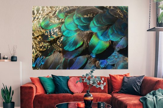 Peinture sur Toile Ressorts - Plumes de Paon - Paon - Blauw - Art - 180x120 cm - Décoration murale XXL