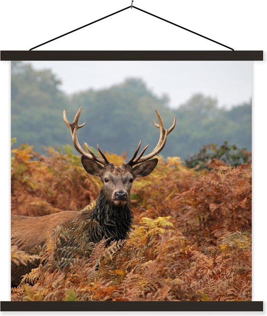 Posterhanger incl. Poster 90x90 cm - Schoolplaat - Hert - Boom - Herfst - Textielposter - Zwarte latten