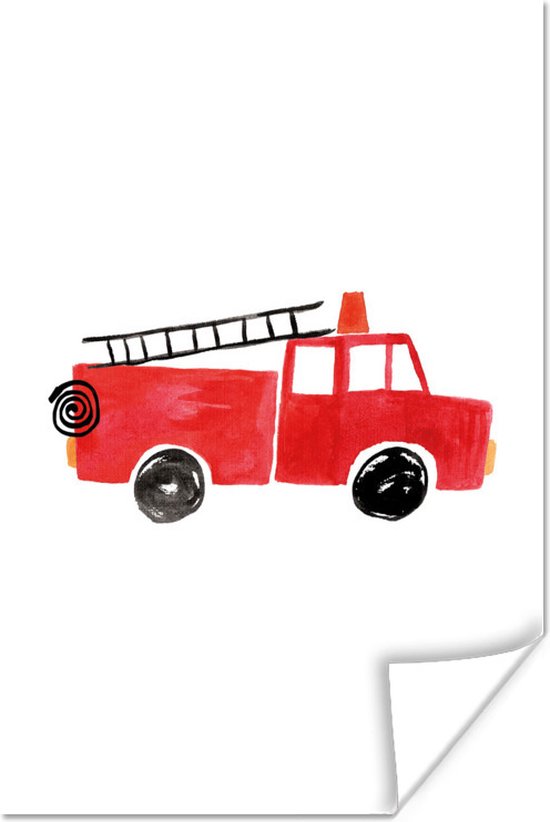 Poster Kinderillustratie van een brandweerauto gemaakt met gouache - 20x30 cm