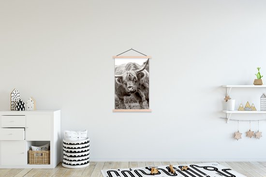 Close-up Scottish Highlander en affiche textielposter noir et blanc, lattes vierges 60x90 cm