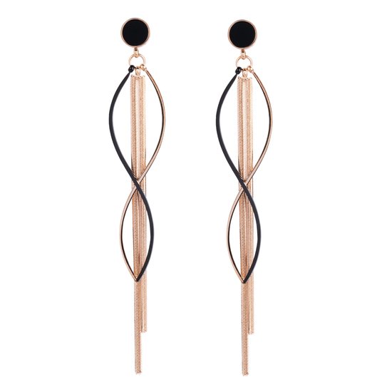 Rosé Zwart Oorbellen Rond Gekruld - Elegante Oorhangers - Rose Goud inc. Sieradenzakje