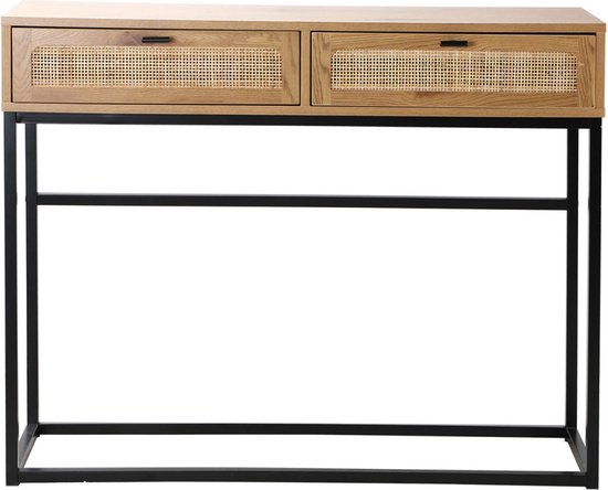 Casâme - Table Console - Avec 2 Tiroirs - Rotin Osier - Table Murale - Table d'Appoint - 100 x 35 x H80 cm - Aspect Chêne - Aggloméré et Rotin