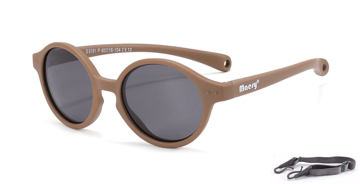 Maesy - baby zonnebril Noah - 0-2 jaar - flexibel buigbaar - verstelbaar elastiek - gepolariseerde UV400 bescherming - jongens en meisjes - babyzonnebril ovaal - taupe bruin