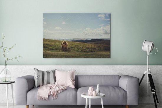 Peinture sur toile Highlanders écossais - Herbe - Nuages ​​- Animaux - 140x90 cm - Décoration murale