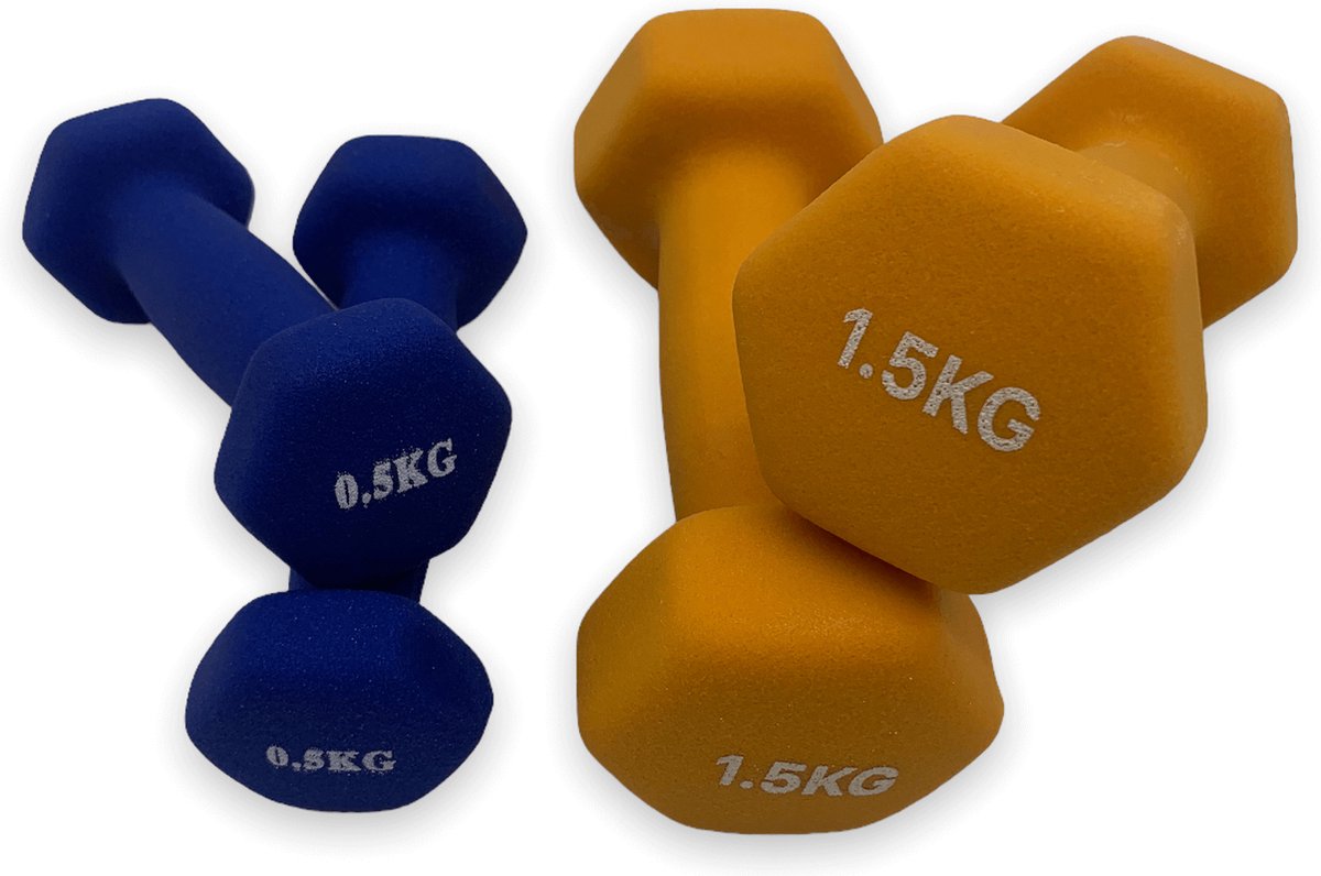 dumbells - Neopreen set 0,5 en 1,5 kg - dumbellset - fitness gewicht - blauw en oranje - halterset