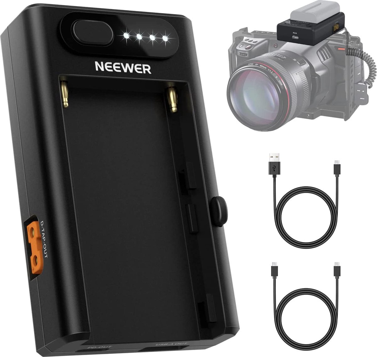 Neewer® - 2-in-1 Voedingsadapter Geschikt voor Sony NP-F970/F750/F550 BMPCC 4K 6K Pro - 22W Type-C ingang PD Snellader - D-tap/Typ-C/USB-A Uitgang voor de Voeding van DSLR camera voor Filmmakers