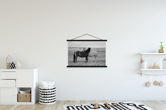 Support pour affiche avec affiche 90x60 cm - Affiche scolaire - Paarden - Animaux - Portrait - Zwart et blanc - Campagne - Affiche textile - Lattes noires