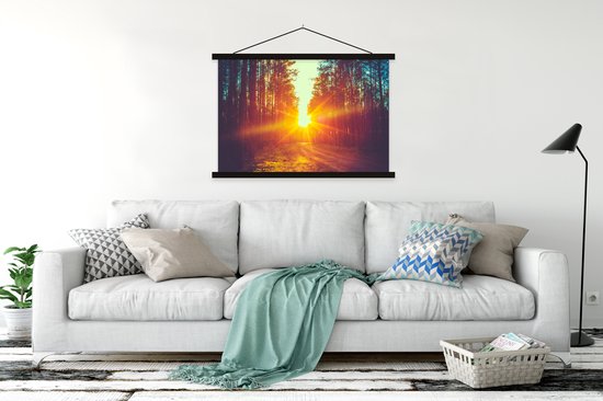 Posterhanger incl. Poster 120x80 cm - Schoolplaat - Zonsondergang - Bomen - Bos - Natuur - Textielposter - Zwarte latten