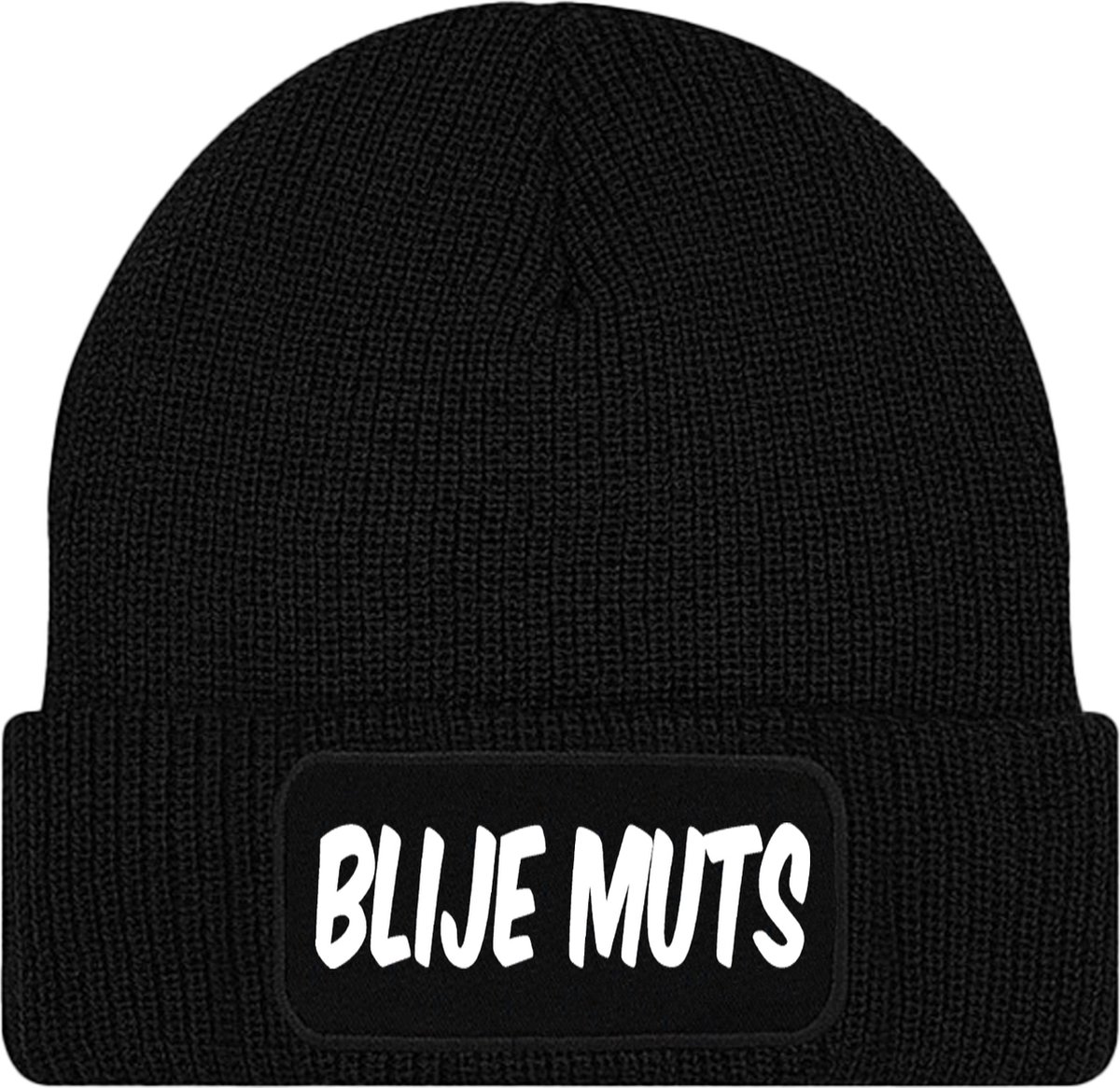 BLIJE MUTS muts - Zwart met geel - Beanie - One Size - Uniseks - Grappige teksten | Designs - Kwoot - Wintersport - Aprés ski muts - Ik ben vandaag zo vrolijk